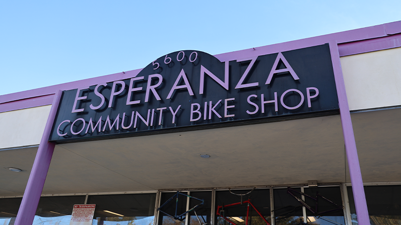 The sign for Esperanza Community Bike Shop.