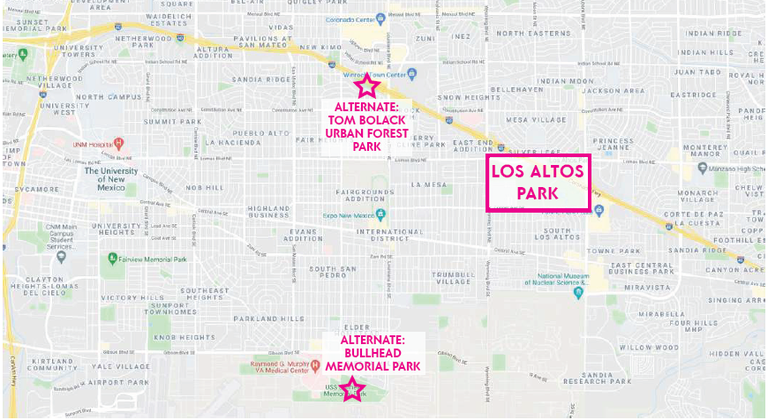 A Map showing Los Altos Park with Tom Bolack Urban Forest and Bullhead Memorial Parks as alternates.