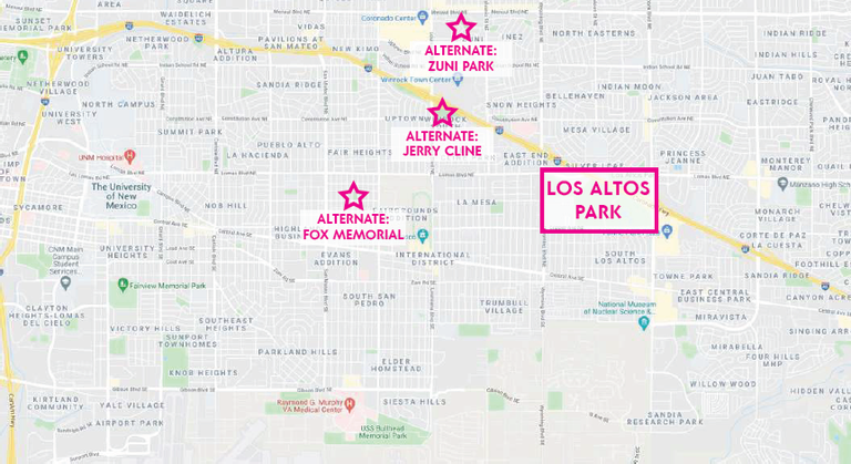 A map showing Los Altos Park with Zuni Park, Jerry Cline Park, and Fox Memorial Park as alternates.