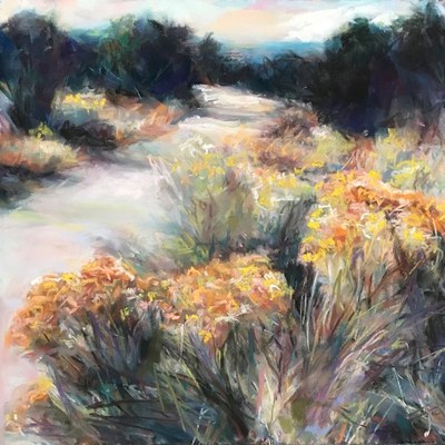 A painting of a river going through a valley with desert flowers on the bank.