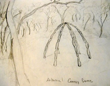 A sketch of a stick teepee in the woods.