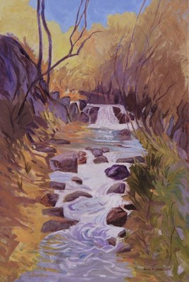 A painting of a creek flowing from a small waterfall in the distance going through a creek bed surrounded by dry brown plants.
