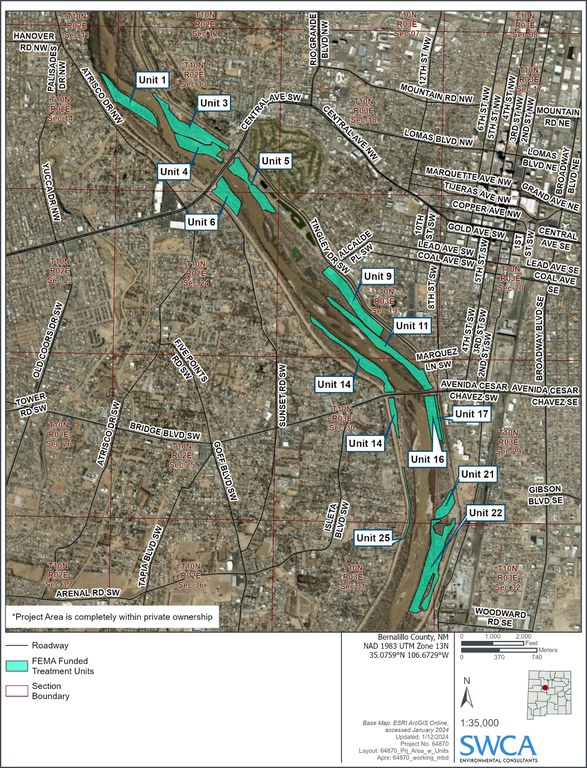 The Rio Grande Bosque with FEMA treatment units labeled.