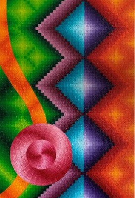 A geometric painting in bright colors. There is a row of purple and blue diamonds next to matching orange along the right, and a purple and green to the right. There is an orange squiggly line going down the green with a pink circle design towards the bottom.
