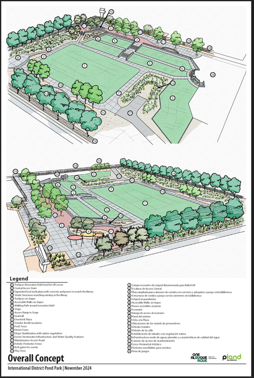 Aerial views of International District Library Park depicting large turf field, tree lined walkways, community food forest, promenade walkway, stage, park fencing, seating walls and public art installation.