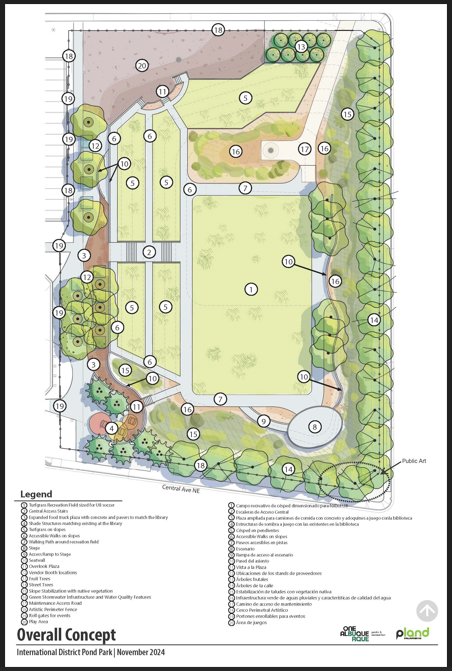 Conceptual Site Plan for International District Library Park depicting large turf field, tree lined walkways, community food forest, promenade walkway, stage, park fencing, seating walls and public art installation.