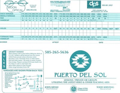 The Puerto Del Sol golf course score card.