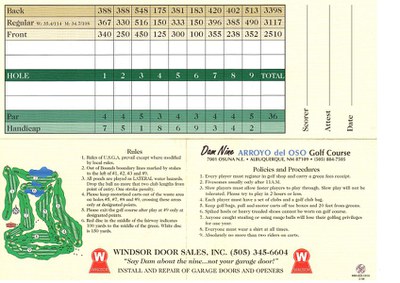 Arroyo del Oso Golf Course 9 hole score card.