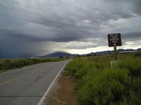 A sign that says Dog Off Leash Area and an arrow pointing forward next to a road under grey clouds.