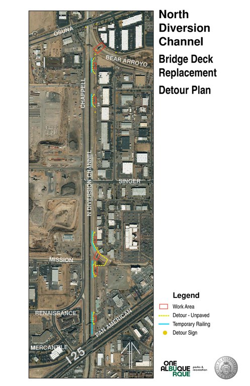 A map showing the North Diversion Channel Detours for 2019 Bridge Deck Replacements.