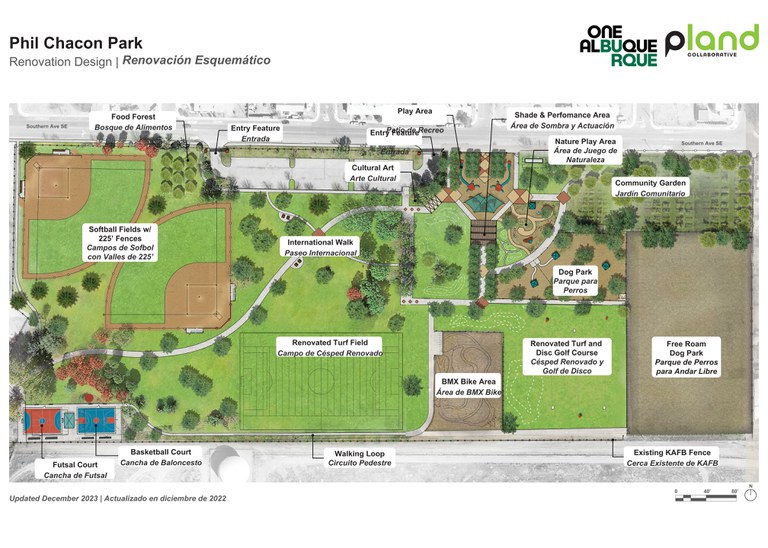 A rendering showing the renovation design of Phil Chacon Park. Updated March 7, 2025.