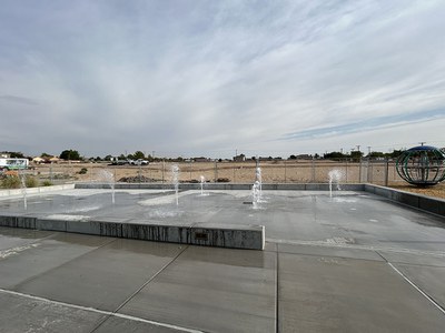 An image of West Gate Spray Pad taken in 2024 with the new geyser layout