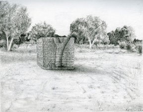 A drawing of a cube with a tree stump inside in a field.