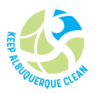 A blue and green circular design features the words "Keep Albuquerque Clean" in blue.