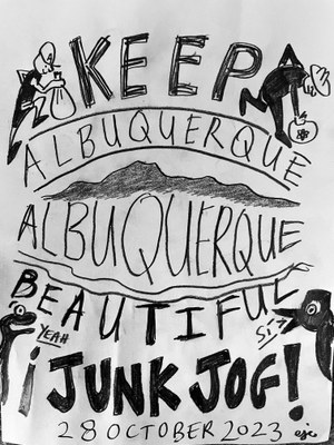Black and white design featuring people picking up trash, mountains, Keep Albuquerque Beautiful, Junk Jog, the event date, as well as a snake and a bird.