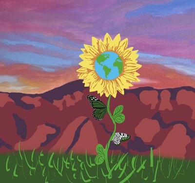 Colorful design featuring the Sandias, a sunset, a sunflower with an Earth center.