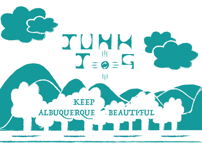 A turquoise and white design features trees, mountains, and clouds. It also features "Junk Jog" with a Zia as the O in Jog and "Keep Albuquerque Beautiful" in the trees.