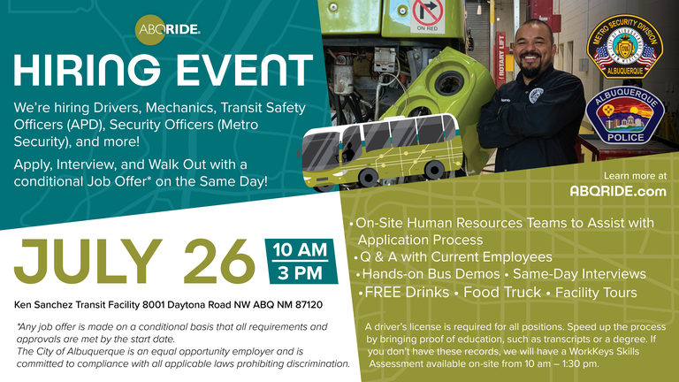 Hiring event on July 26th at the Ken Sanchez Transit Facility.