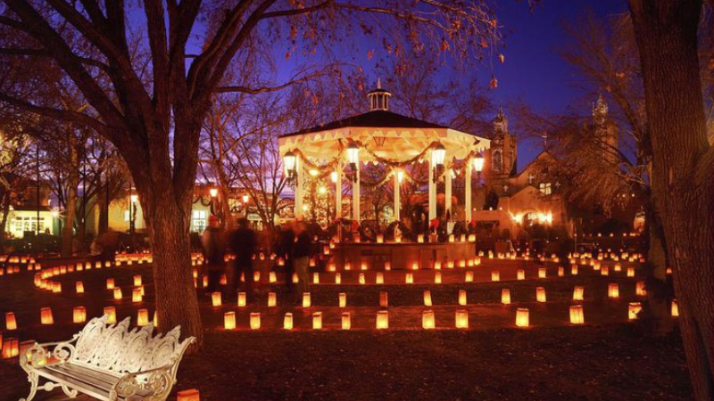 A gazebo surrounded by luminarias.