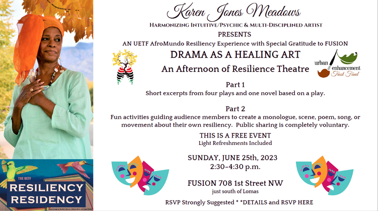 A poster for the Karen Jones Meadows Theatre event featuring text information about the event and a headshot.