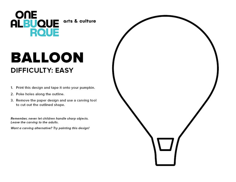 A pumpkin carving template for a hot air balloon with text information on how to use the template, an outline of a hot air balloon, and the Department of Arts and Culture logo.