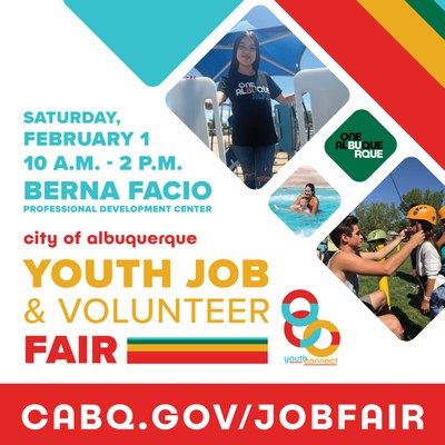 A social media graphic for the 2025 Youth Connect Job Fair featuring photos of young City staff members in Parks and Rec and Youth and Family along with text information about the event, the Youth Connect and One Albuquerque logos, and the cabq.gov/jobfair URL.