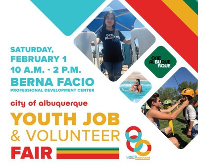 A social media graphic for the 2025 Youth Connect Job Fair featuring photos of young City staff members in Parks and Rec and Youth and Family along with text information about the event, the Youth Connect and One Albuquerque logos, and the cabq.gov/jobfair URL.